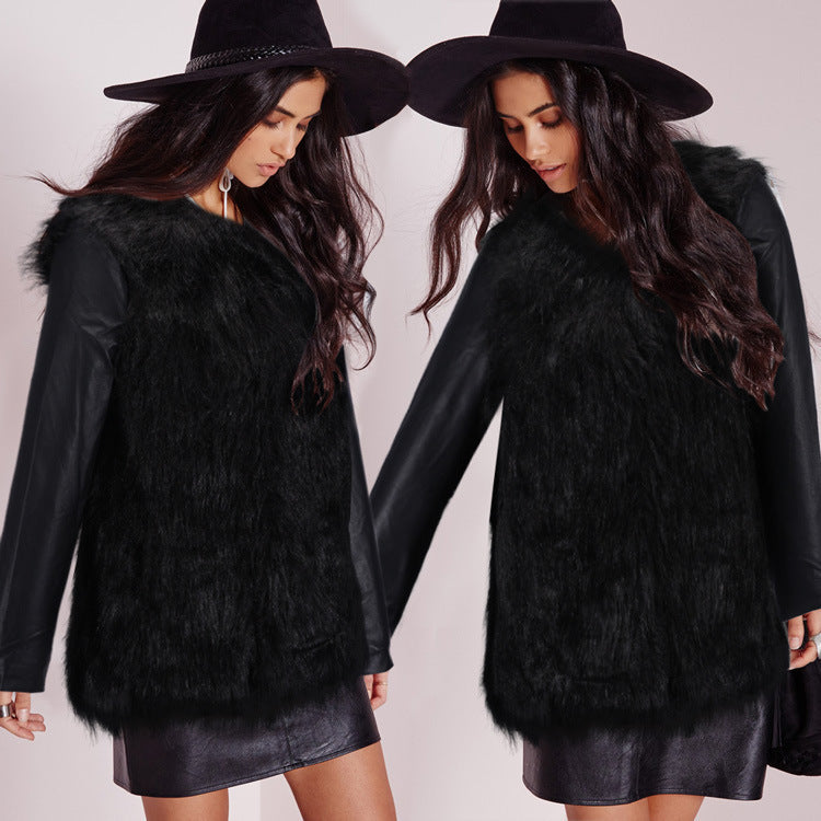 Damen Kunstpelz‑Mixjacke mit veganen Lederärmeln und Longline‑Silhouette Nord Taschen