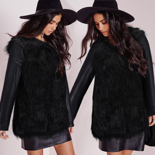 Damen Kunstpelz‑Mixjacke mit veganen Lederärmeln und Longline‑Silhouette Nord Taschen