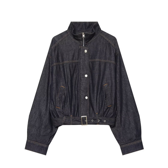 Damen Jeans-Cropped-Blouson mit Taillengürtel und hohem Stehkragen Nord Taschen