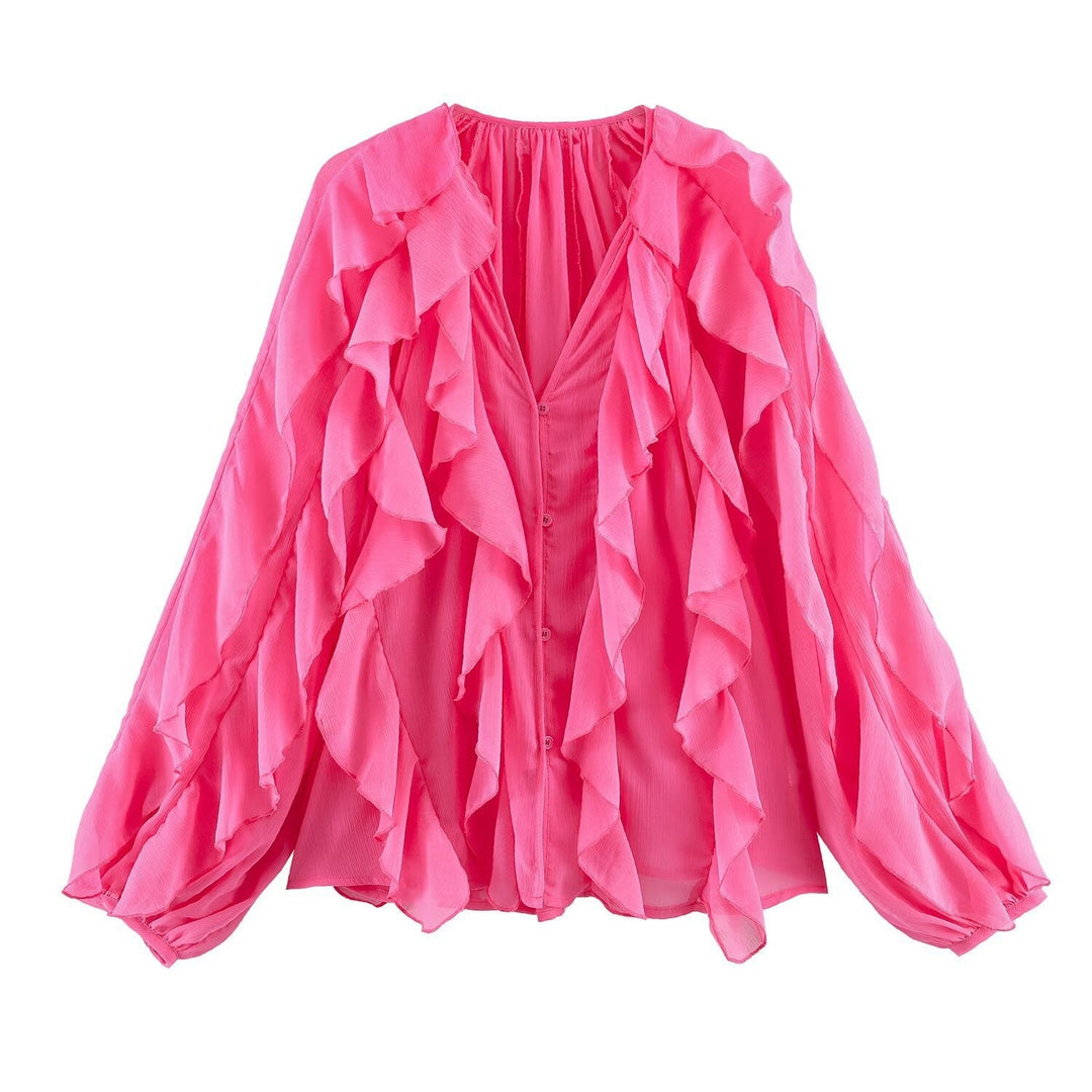 Damen Rüschenbluse mit weitem Schnitt und ballonartigen Ärmeln