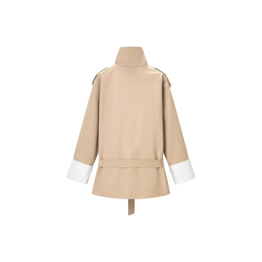 Damen Kurzer Trenchcoat mit Taillengürtel, Stehkragen und Kontrastmanschetten Nord Taschen