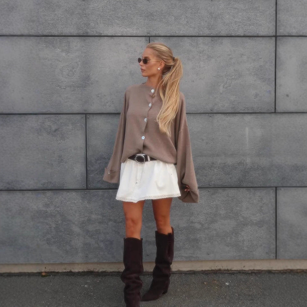 Damen Oversize Cropped-Jacke mit weiten Trompetenärmeln und Knopfmanschetten Nord Taschen