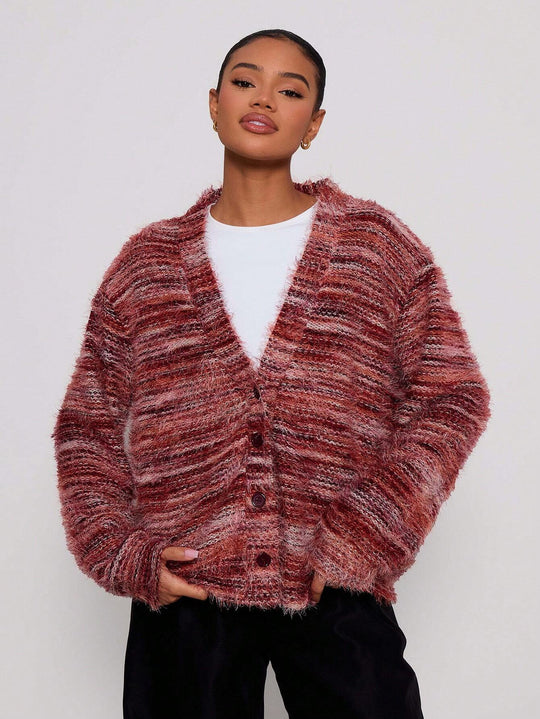 Damen Flauschiger Grobstrick-Cardigan mit V-Ausschnitt Nord Taschen