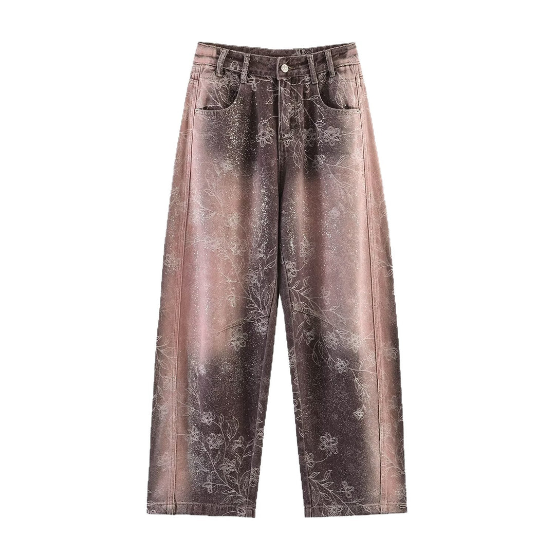 Damen Weite High‑Waist‑Jeans mit floralem Allover‑Print und Used‑Farbverlauf Nord Taschen