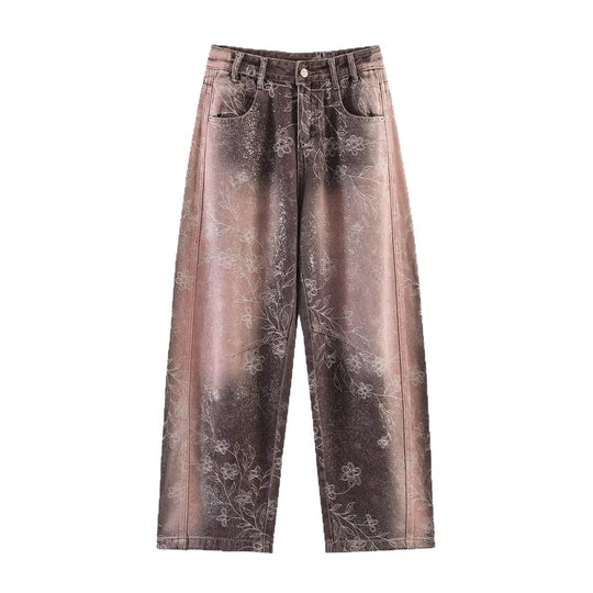 Damen Weite High‑Waist‑Jeans mit floralem Allover‑Print und Used‑Farbverlauf Nord Taschen