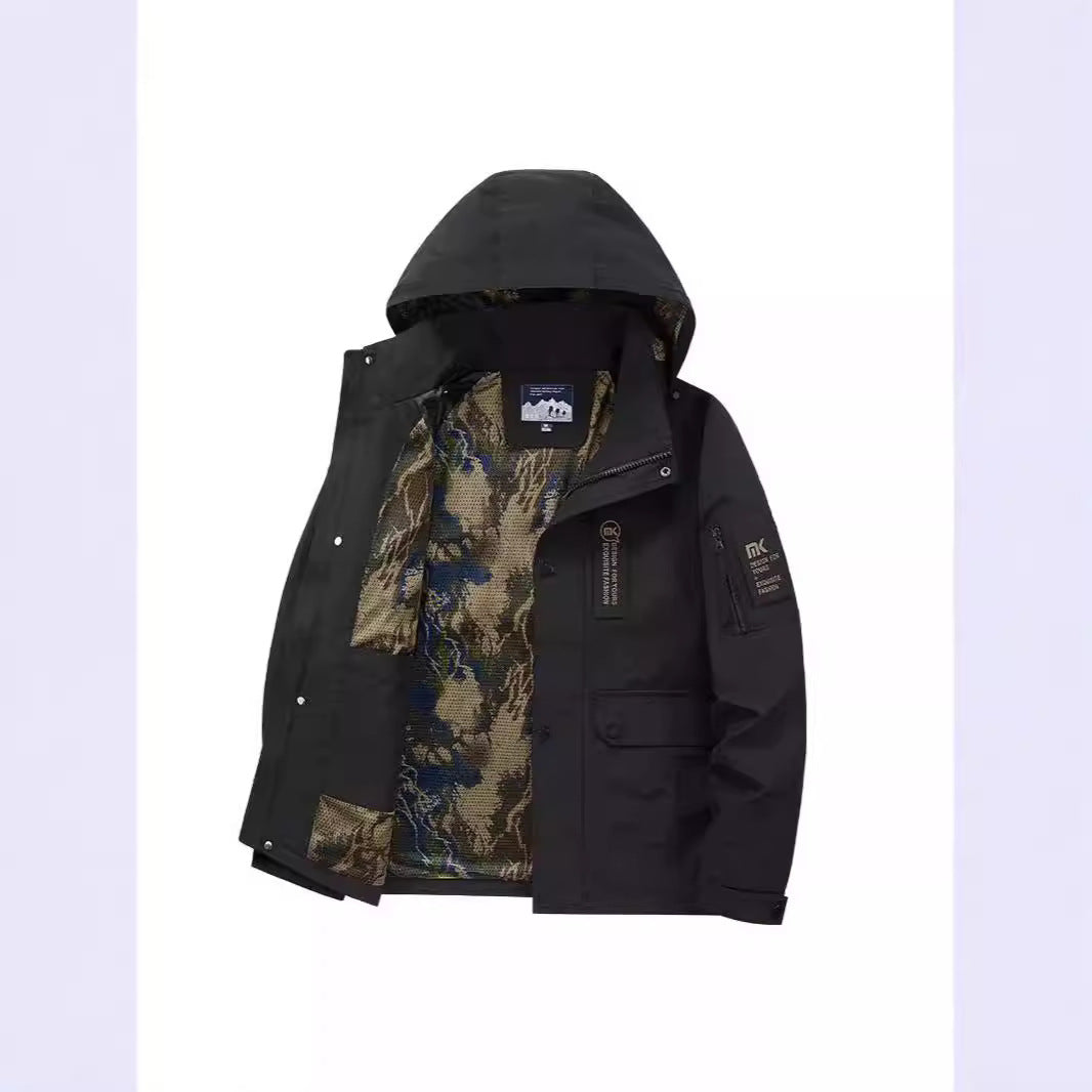 Herren Kapuzen-Fieldjacke mit Camouflage-Netzfutter und wasserabweisender Utility-Außenlage Nord Taschen