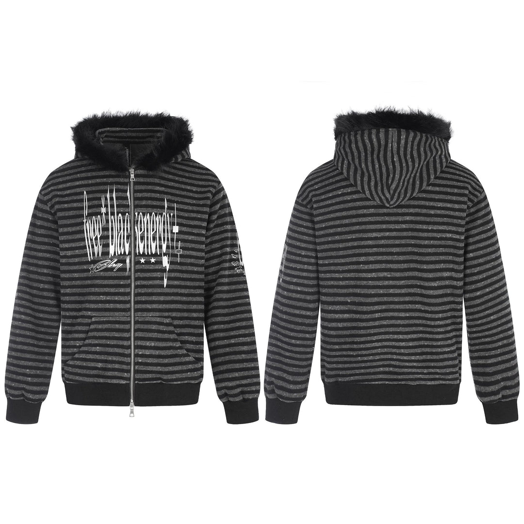 Unisex Kapuzenzipjacke mit Kunstfellbesatz, Streifenmuster und Frontprint Nord Taschen