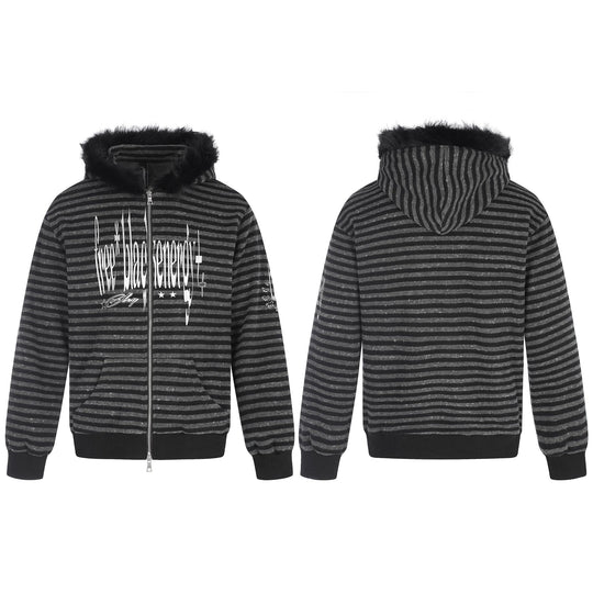 Unisex Kapuzenzipjacke mit Kunstfellbesatz, Streifenmuster und Frontprint Nord Taschen