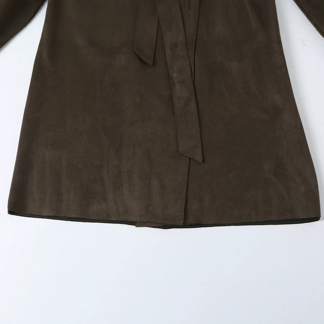 Damen Lang geschnittener Trenchcoat aus Velourslederoptik mit Bindegürtel Nord Taschen