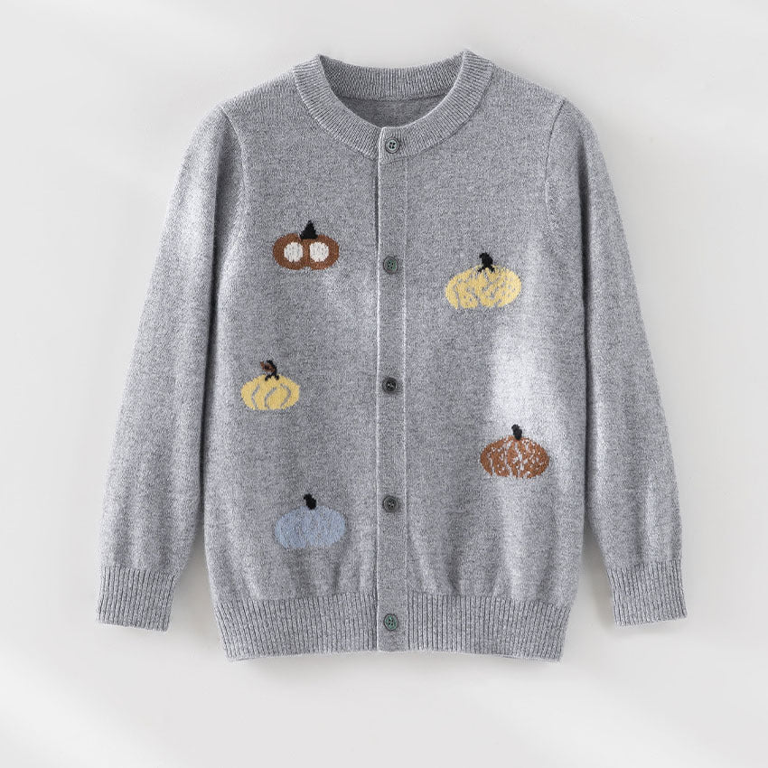 Damen Strickjacke mit Intarsia-Kürbismotiven, Rundhalsausschnitt und Knopfleiste Nord Taschen
