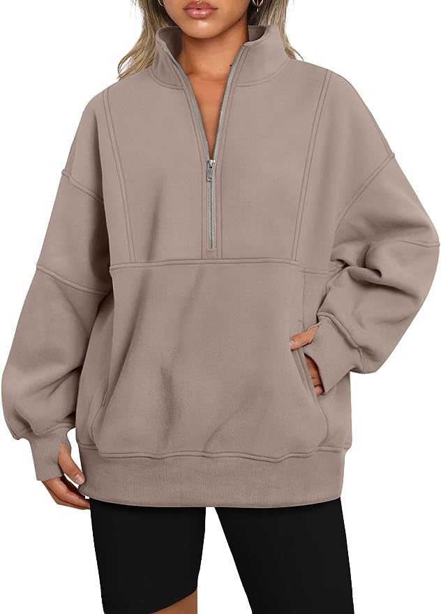 Damen Oversized Sweatshirt mit halbem Reißverschluss, Kängurutasche und Stehkragen Nord Taschen
