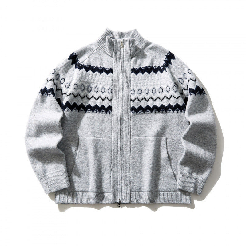 Unisex Norweger-Strickjacke mit durchgehendem Reißverschluss, Stehkragen und Eingrifftaschen Nord Taschen
