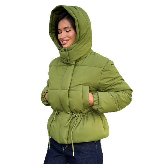 Damen Kurz geschnittene wattierte Kapuzenjacke mit Taillenzug und hohem Stehkragen Nord Taschen
