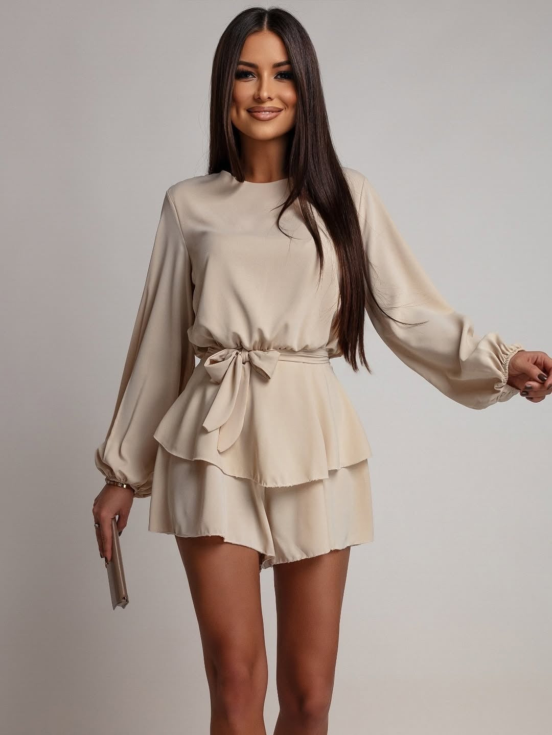 Damen Kurzkleid mit Volantrock, Taillenbindegürtel und Ballonärmeln Nord Taschen