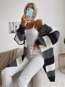 Damen Lässiger Strickmantel mit Streifen Nord Taschen