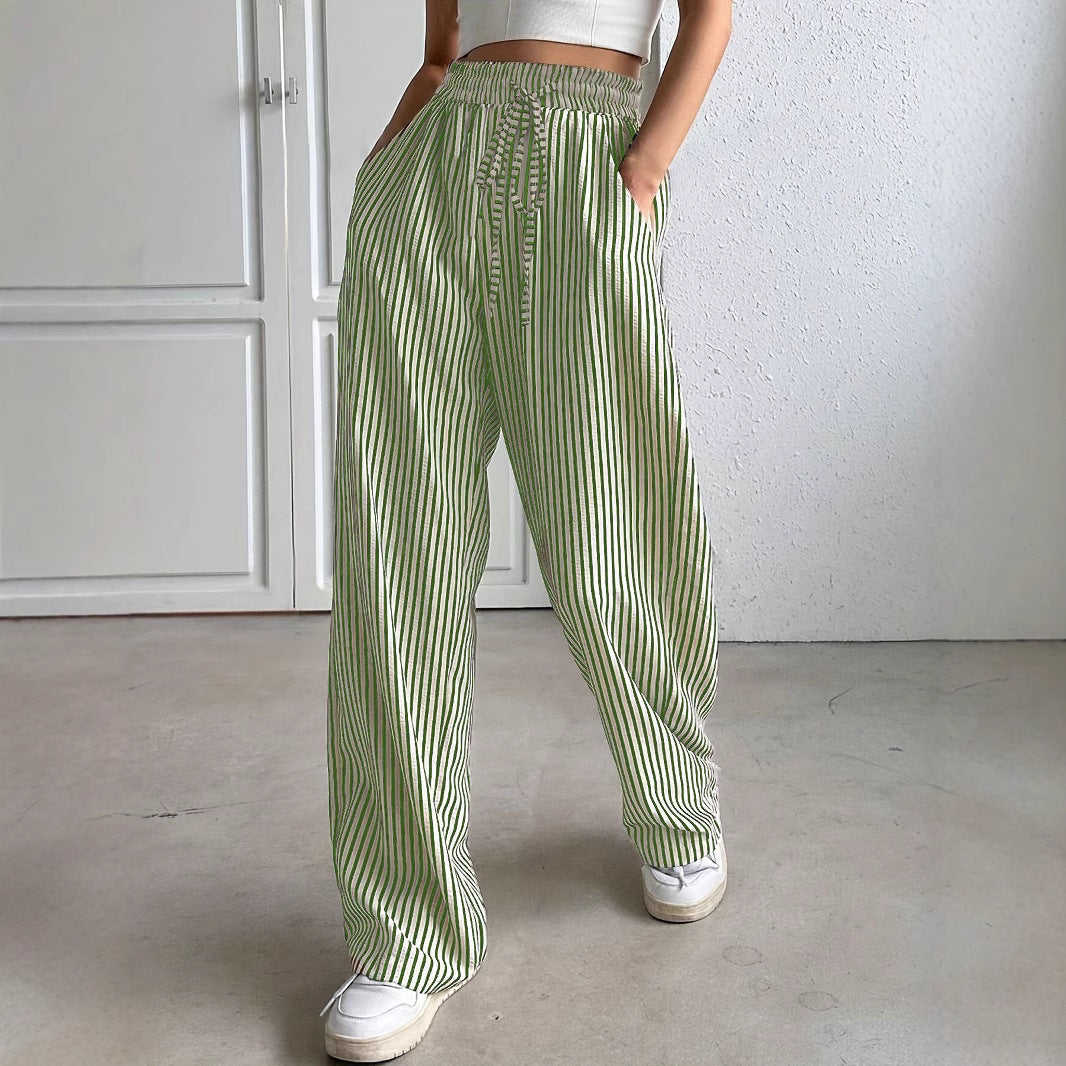 Damen Marlene-Streifenhose aus Leinenmix mit weitem Bein, Elastikbund und Kordelzug Nord Taschen