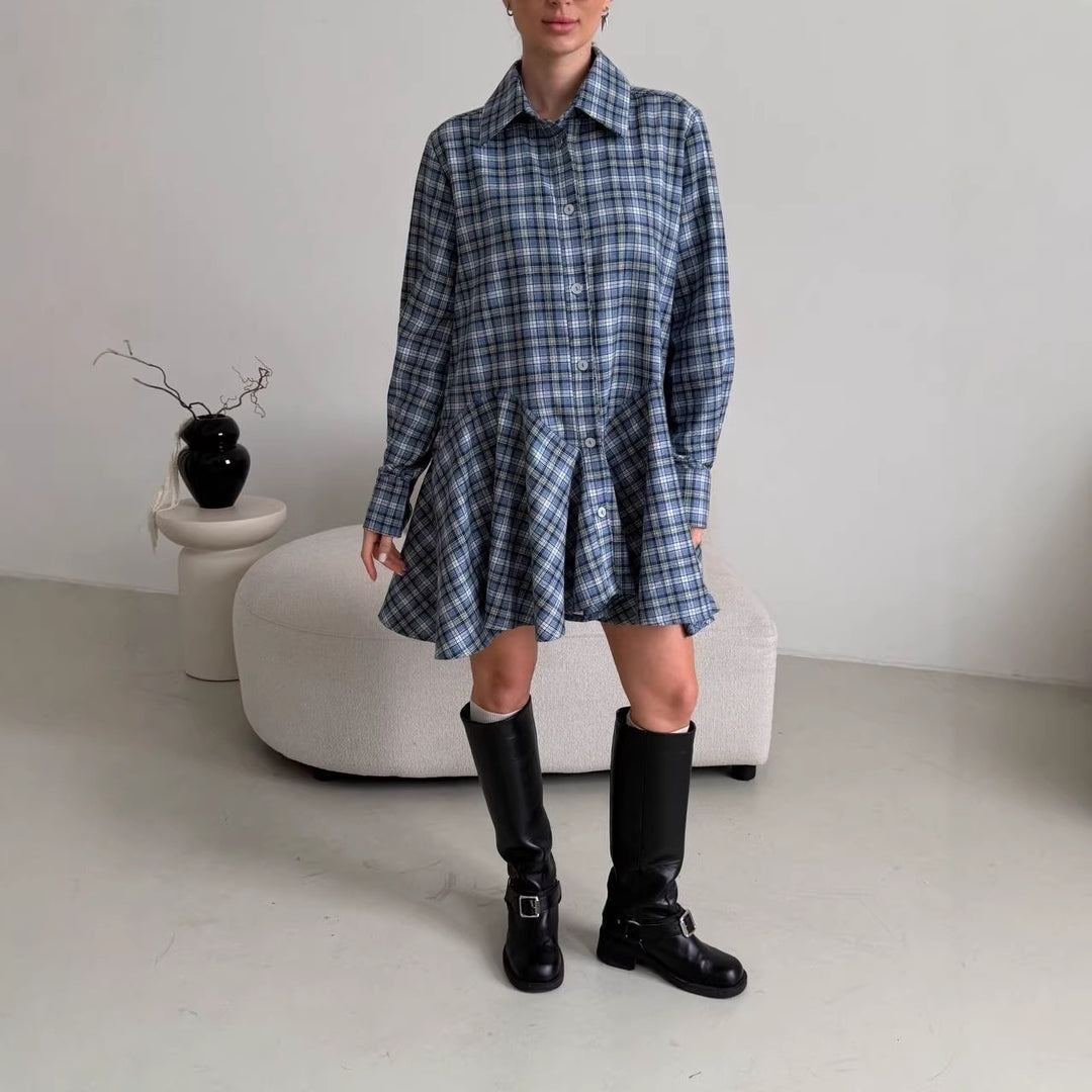 Damen Kariertes Hemdblusen-Minikleid mit ausgestellter Volant-Taille Nord Taschen