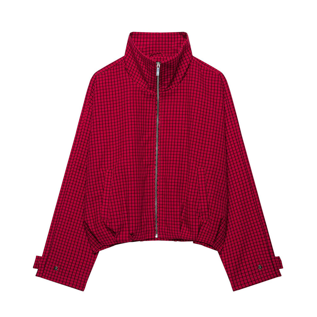 Damen Cropped Übergangsjacke mit hohem Stehkragen, Karomuster und elastischem Saum Nord Taschen