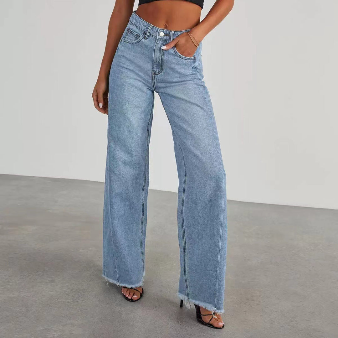 Damen Hochbund-Jeans mit weitem Bein und ausgefranstem Saum Nord Taschen