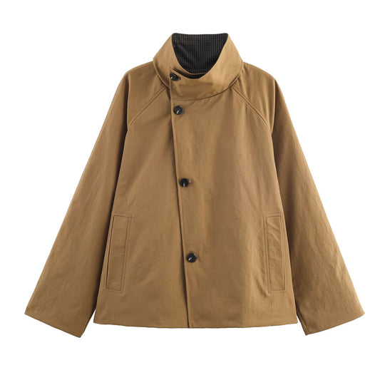 Damen Oversize-Kurzmantel mit hohem Stehkragen, Raglanärmeln und verdeckter Knopfleiste Nord Taschen