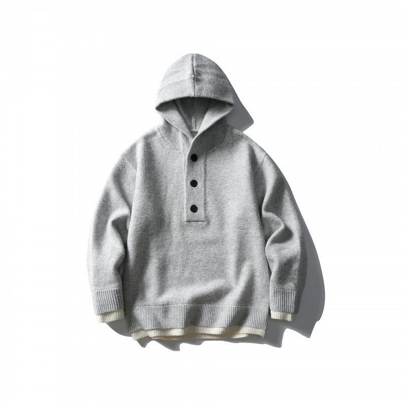 Unisex Strick‑Kapuzenpullover mit halber Knopfleiste, geripptem Saum und zweilagigem Abschluss Nord Taschen