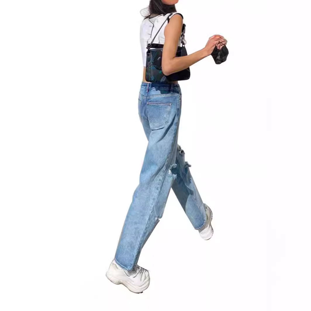 Damen Modische Baggy Jeans mit Destroyed-Details