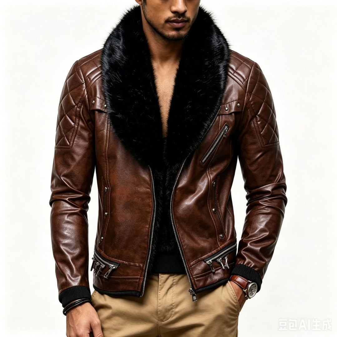 Herren Biker-Lederjacke mit gesteppter Schulter, voluminösem Fellkragen und Zierreißverschlüssen Nord Taschen