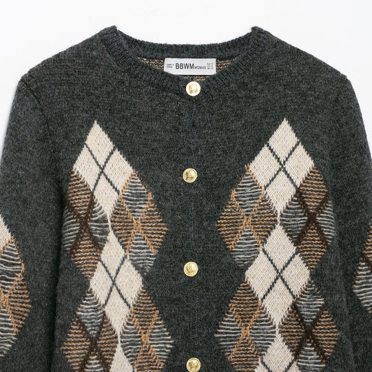 Damen Kurzgeschnittener Argyle-Cardigan im Retro-Strick mit goldenen Zierknöpfen Nord Taschen