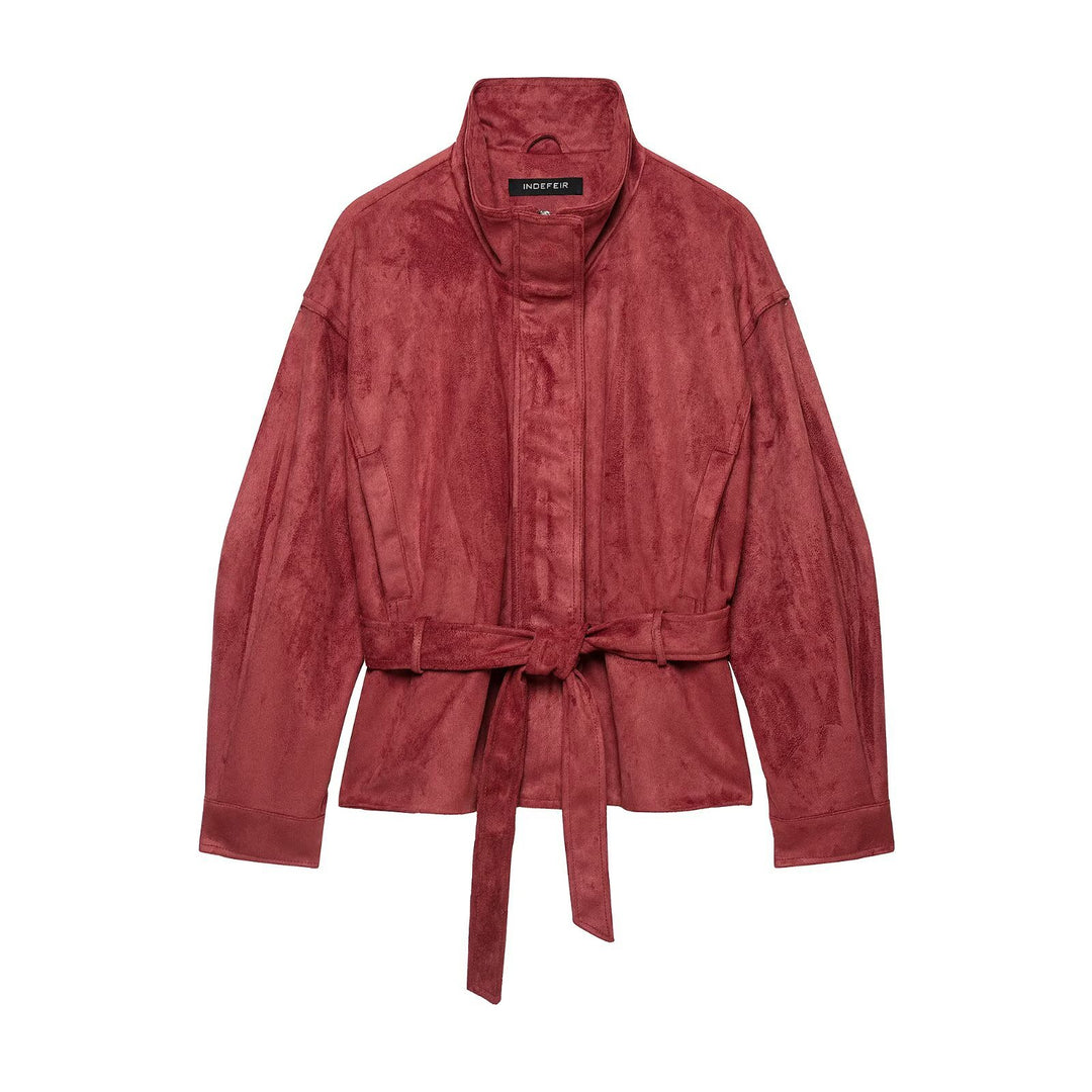 Damen Kimonoinspirierte Veloursjacke mit Bindegürtel und hohem Stehkragen Nord Taschen