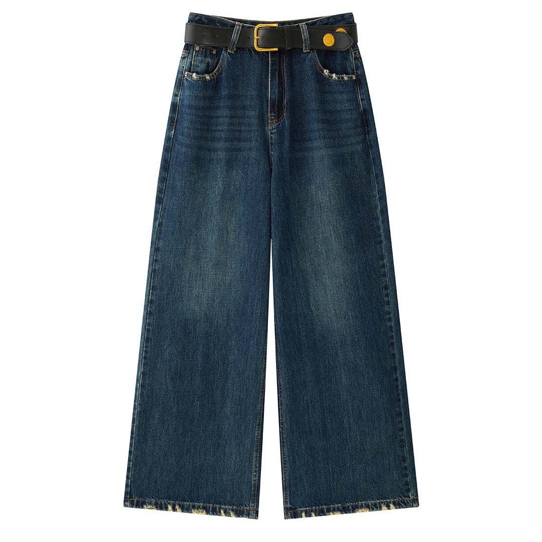 Damen Weite Vintage-Denim Jeans mit hohem Bund und ausgefranstem Saum Nord Taschen