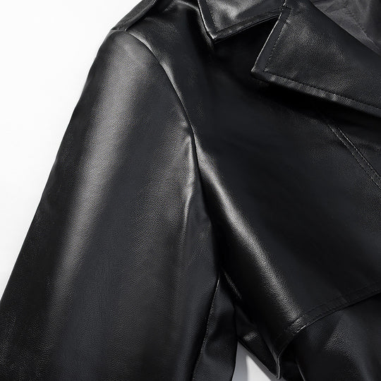 Damen Langer Trenchcoat aus Lederoptik mit Bindegürtel und Epauletten Nord Taschen