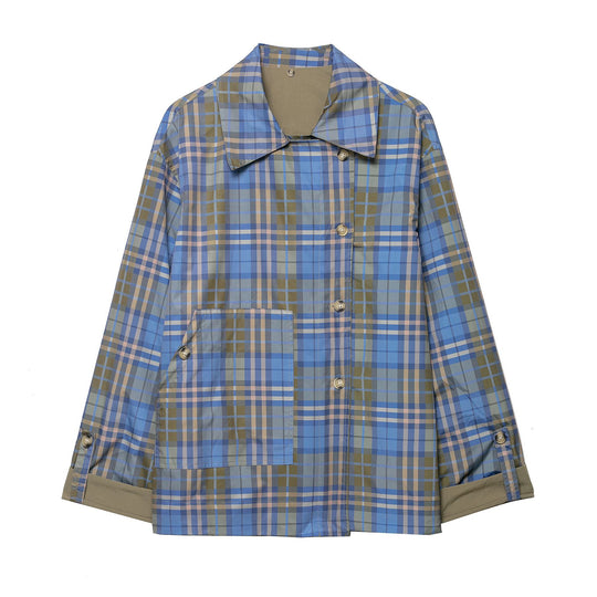 Damen 100+ kurzer Cape‑Trench mit karierter Innenverarbeitung und Knotenverschluss Nord Taschen