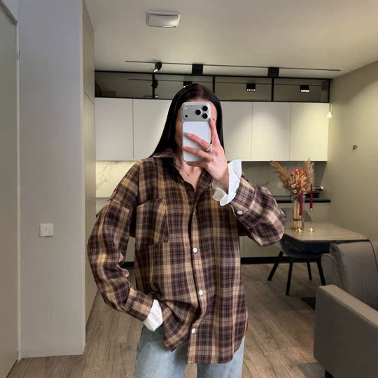 Damen Kariertes Flanell-Overshirt mit Hemdblusenkragen, Relaxed-Fit und aufgesetzter Brusttasche Nord Taschen