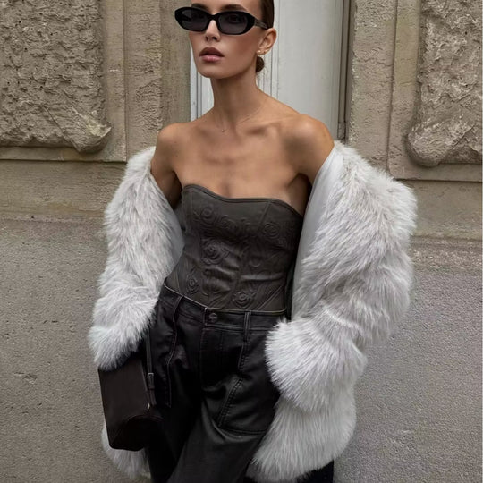 Damen Faux-Fur-Mantel mit Oversize-Schalkragen und langem, taillenfreiem Schnitt Nord Taschen