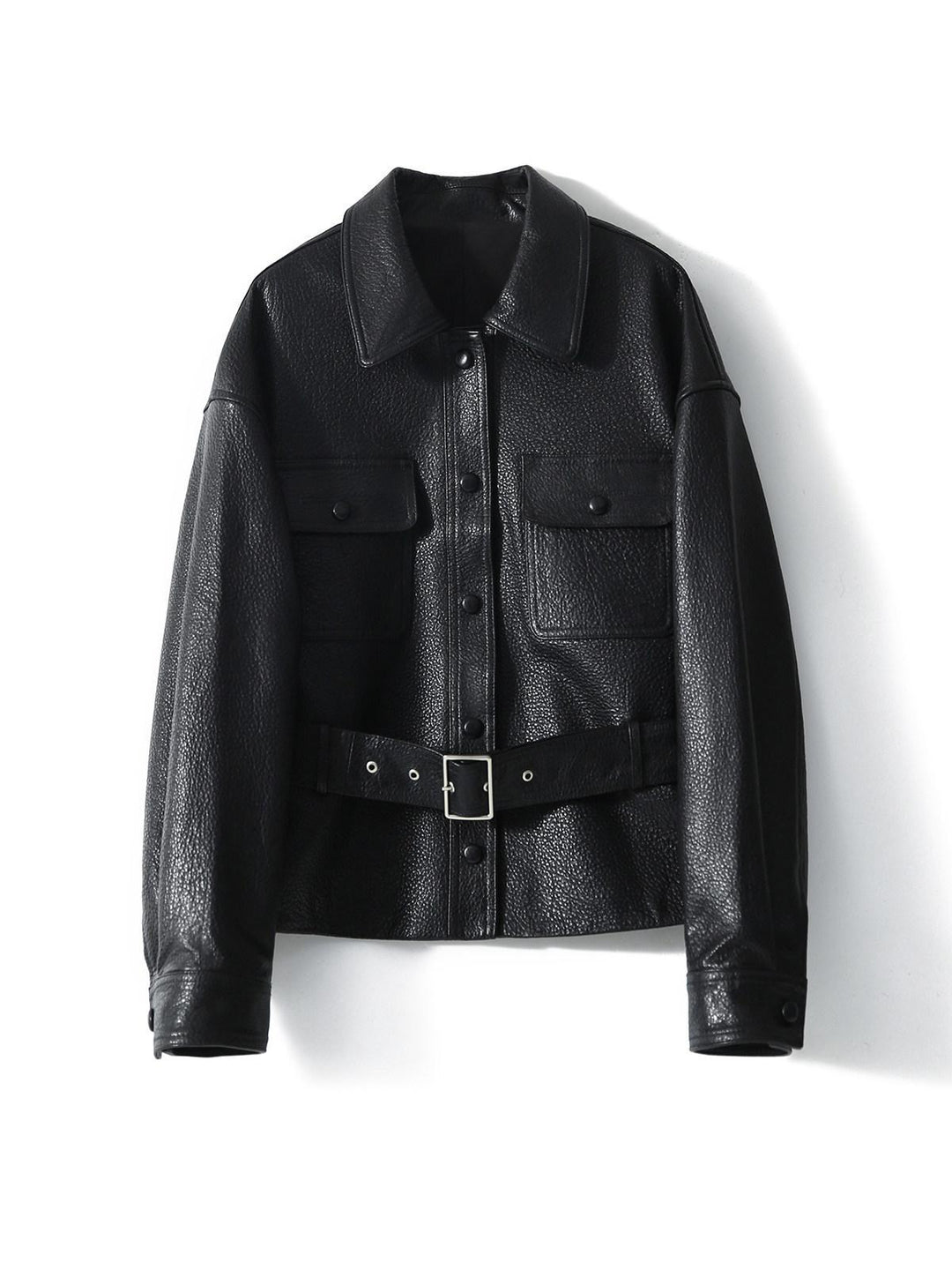 Damen Kurzjacke aus strukturiertem Leder mit Taillengürtel und Druckknöpfen Nord Taschen