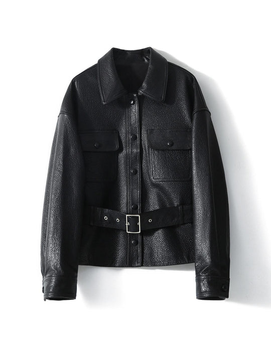 Damen Kurzjacke aus strukturiertem Leder mit Taillengürtel und Druckknöpfen Nord Taschen