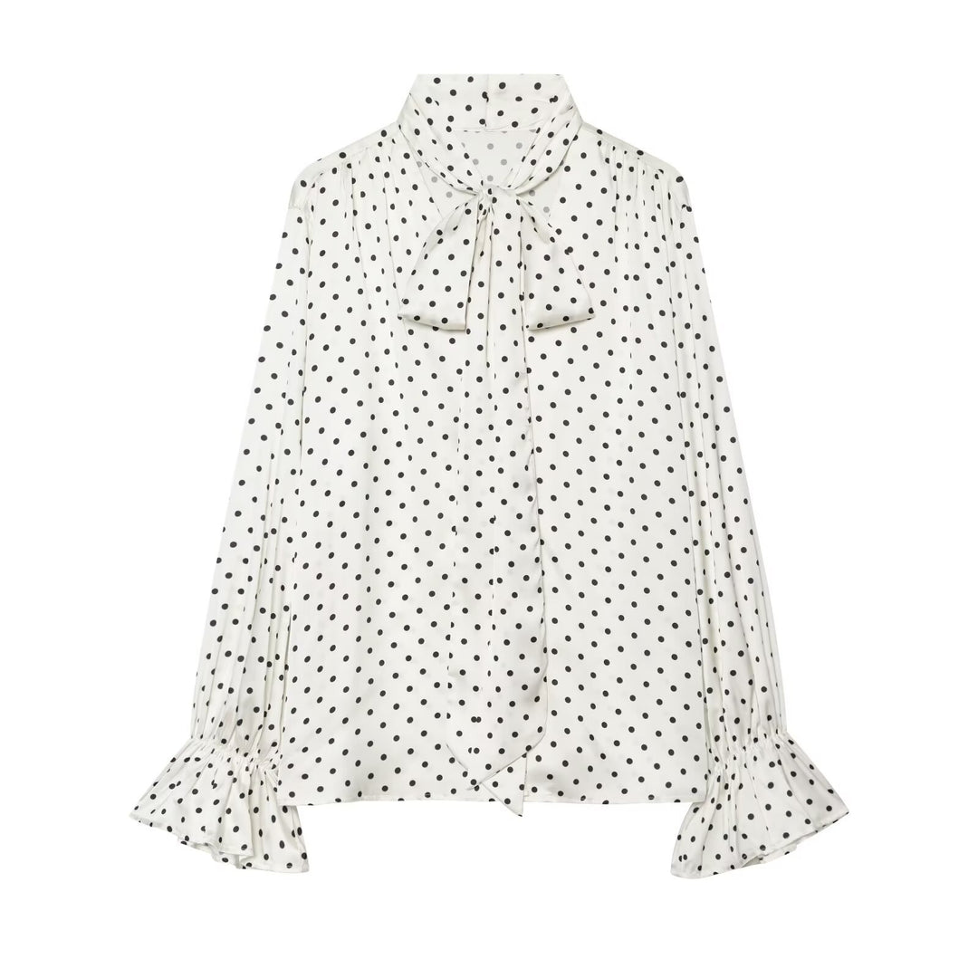 Damen Bluse mit Schleifenkragen, Tupfenmuster und Volantärmeln Nord Taschen