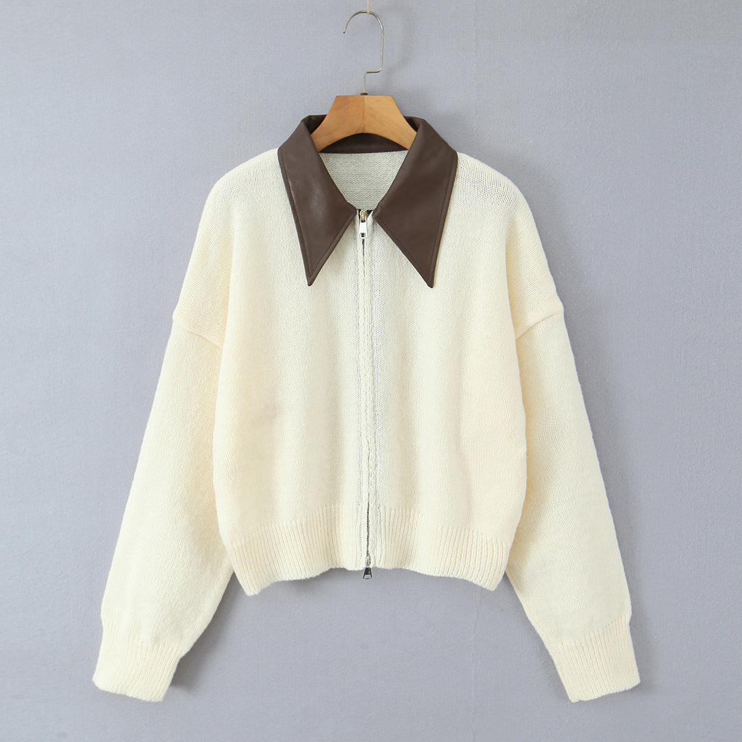 Damen 10+ Oversize Strickjacke mit Zweiwege‑Reißverschluss und spitzem Kontrastkragen Nord Taschen