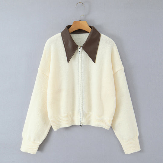 Damen 10+ Oversize Strickjacke mit Zweiwege‑Reißverschluss und spitzem Kontrastkragen Nord Taschen