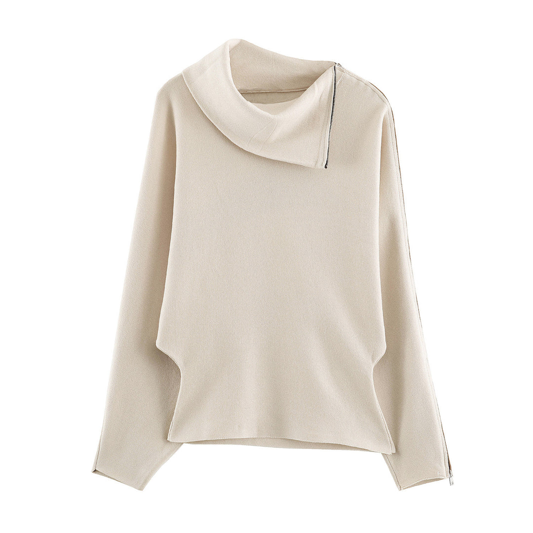 Damen Asymmetrischer Feinstrick-Pullover mit Schalkragen, Schulterreißverschluss und Zipper-Ärmel Nord Taschen