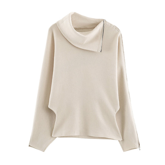 Damen Asymmetrischer Feinstrick-Pullover mit Schalkragen, Schulterreißverschluss und Zipper-Ärmel Nord Taschen