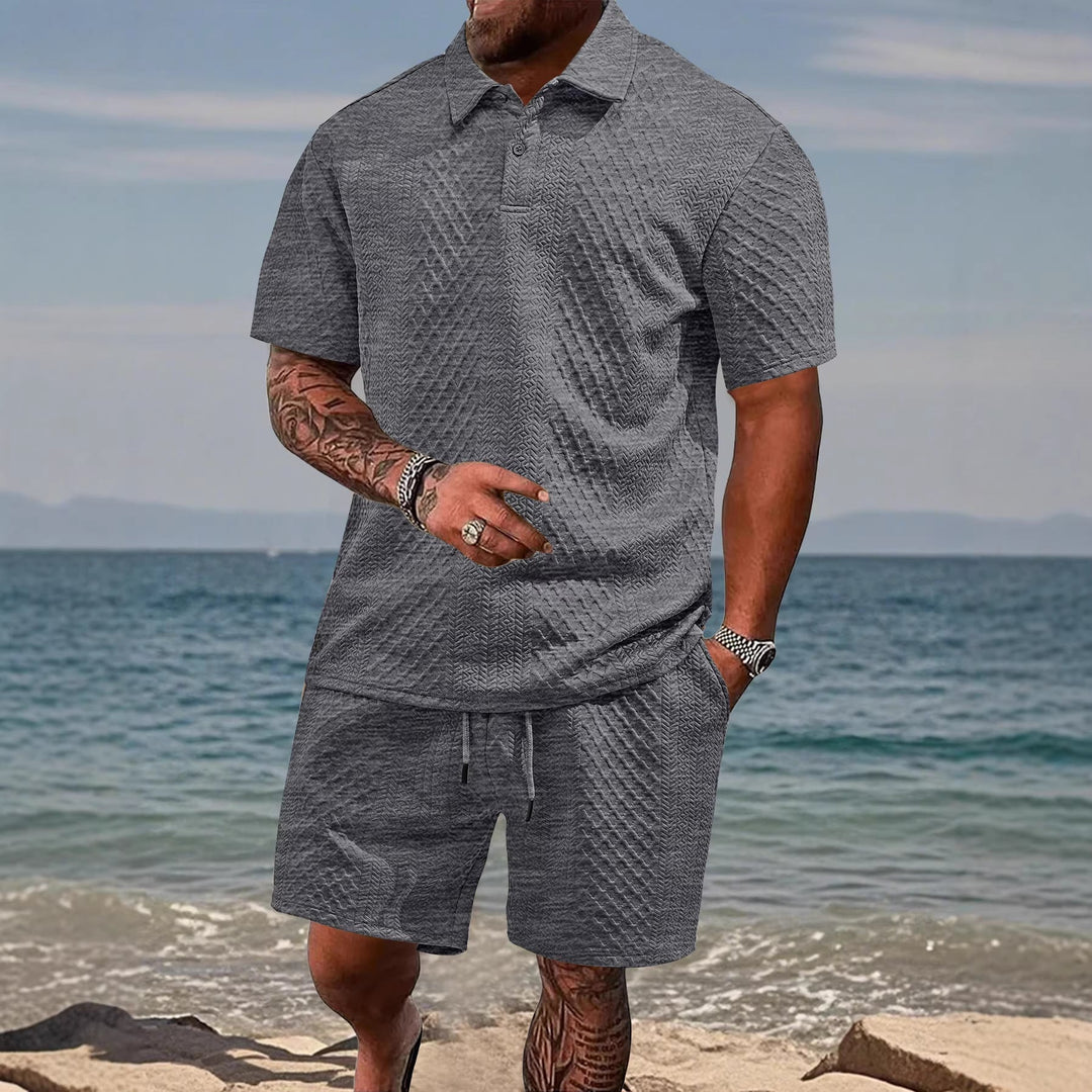Herren nan geprägtes Strand-Ensemble mit offenem Kurzarm-Hemd und Kordel-Bermuda