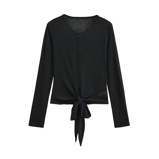 Damen Langarm-Henley-Top mit Knotenfront und Knopfleiste Nord Taschen