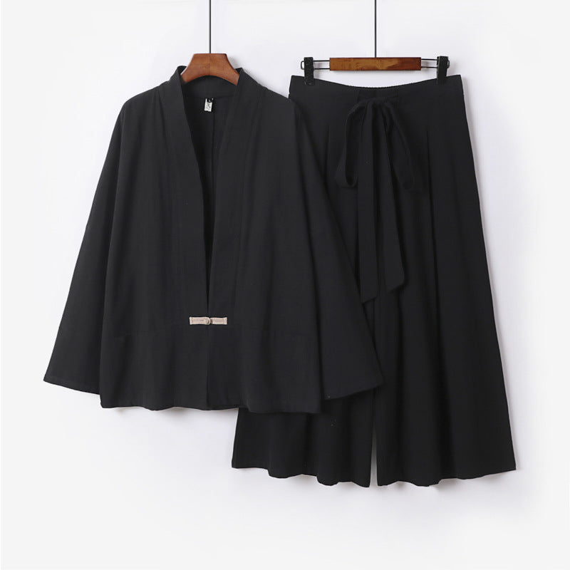 Damen Zen-inspiriertes Kimono-Set aus fließender Viskose mit kurzer Jacke und weiter Culotte-Hose Nord Taschen