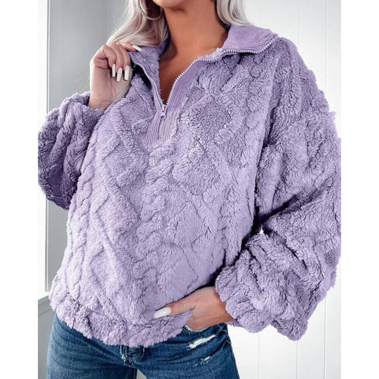 Damen Plüschpullover im Teddy-Look mit halbem Reißverschluss und strukturierter Rautenoptik Nord Taschen