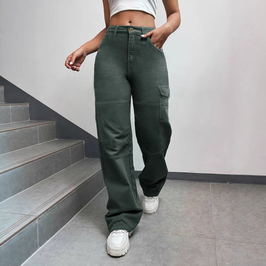 Damen Hochtaillierte Cargo-Palazzo-Hose mit Nahtsegmenten und seitlicher Klapptasche Nord Taschen