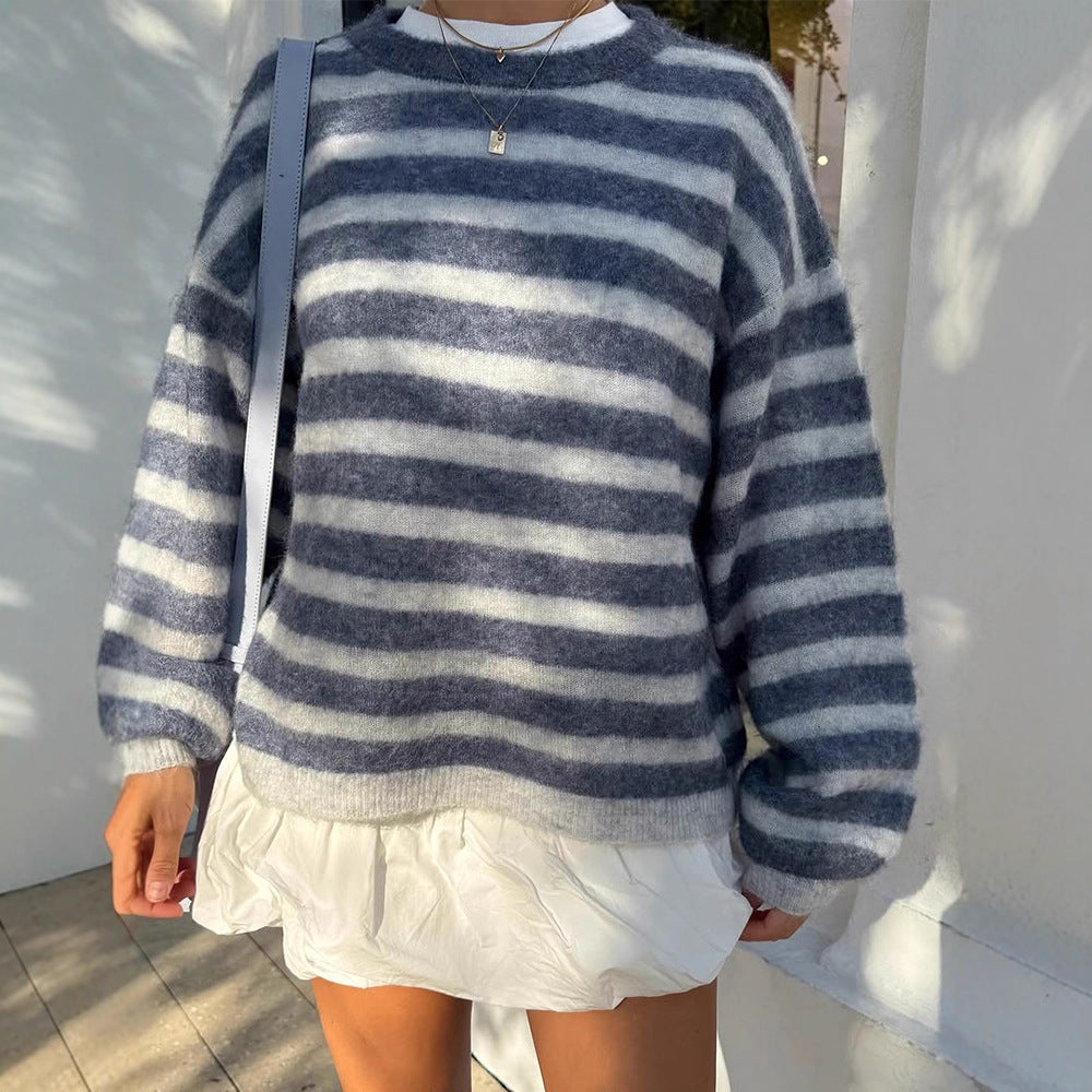 Damen Gestreifter Mohair-Mix Oversize-Pullover mit Ballonärmeln Nord Taschen
