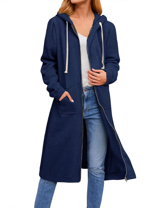 Damen lange Kapuzenjacke mit Reißverschluss und praktischen Taschen