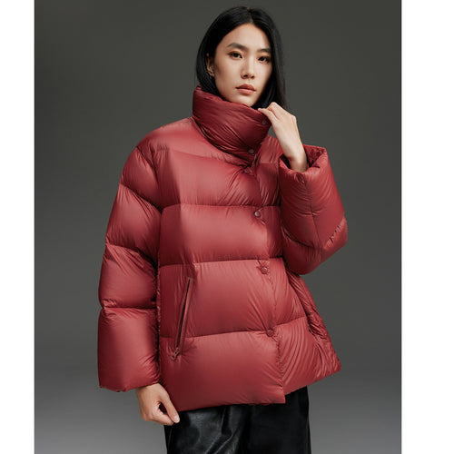 Damen Kurz geschnittene gesteppte Daunenjacke mit hohem Stehkragen, Boxy-Silhouette und Druckknöpfen Nord Taschen