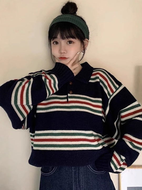 Damen Oversize Polokragen-Strickpullover mit maritimen Blockstreifen und kastiger Cropped-Silhouette Nord Taschen